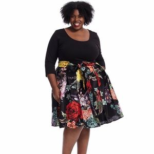 24W Eshakti Black Floral Twofer Fit & Flare Dress